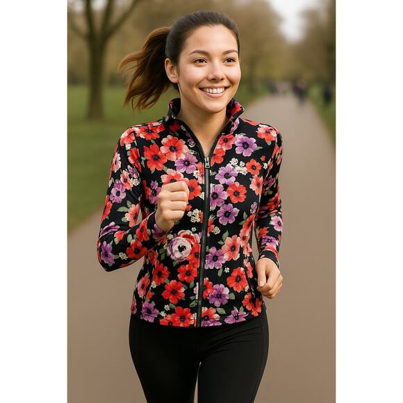W by Wenjie Floral Zip Up Black, Red and Purple Floral Jacket - Picture 1 of 4